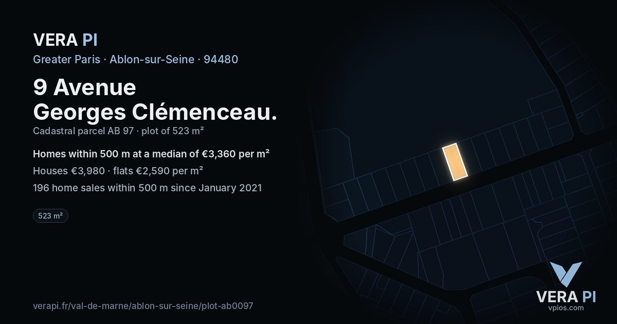 9 Avenue Georges Clémenceau, Ablon-sur-Seine at night – the plot lit, the parcels around coloured by the prices near them
