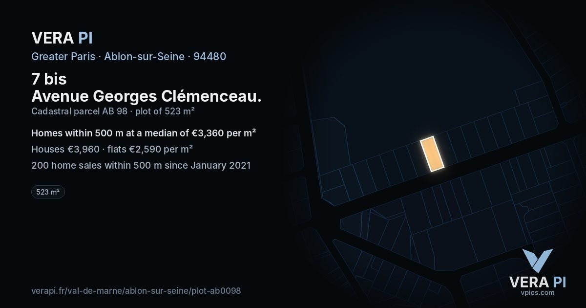 7 bis Avenue Georges Clémenceau, Ablon-sur-Seine at night – the plot lit, the parcels around coloured by the prices near them