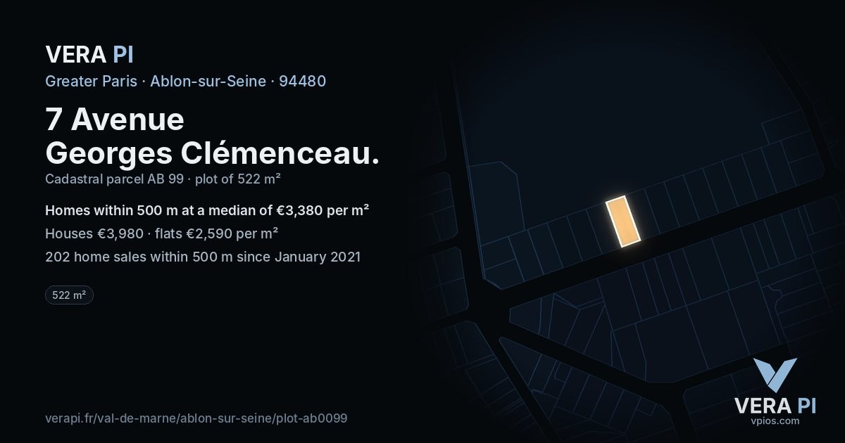 7 Avenue Georges Clémenceau, Ablon-sur-Seine at night – the plot lit, the parcels around coloured by the prices near them