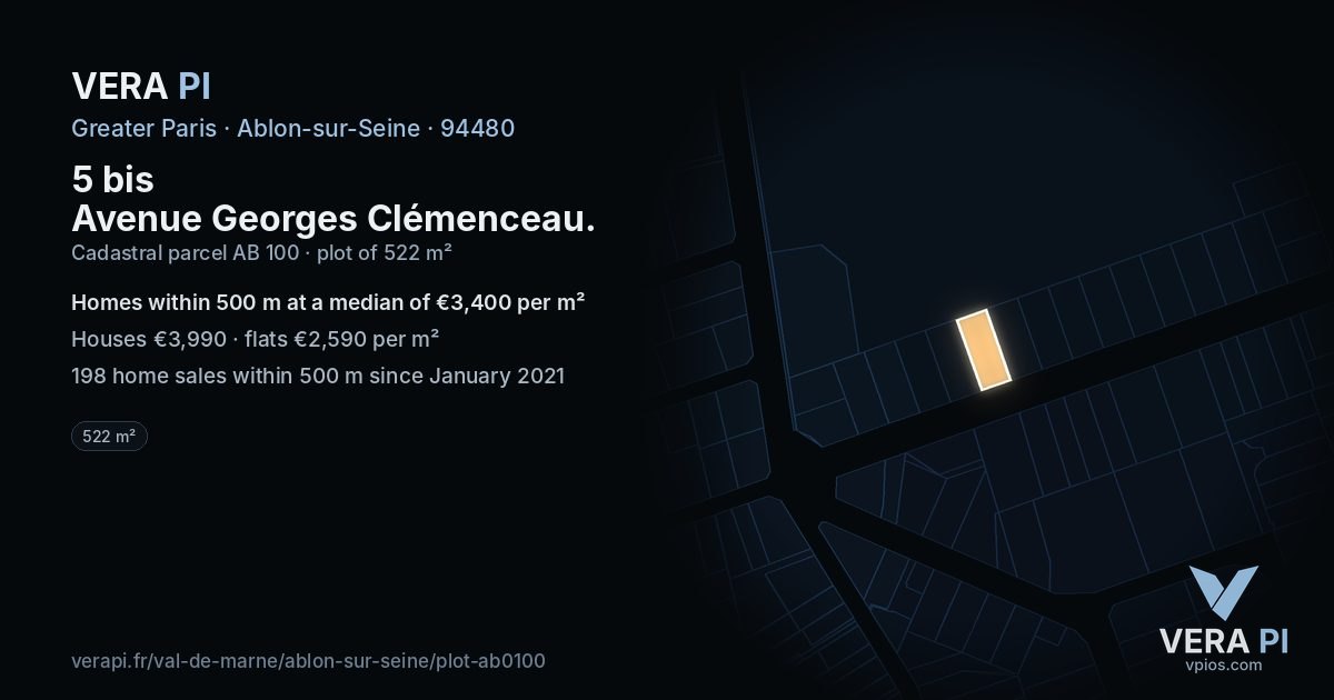 5 bis Avenue Georges Clémenceau, Ablon-sur-Seine at night – the plot lit, the parcels around coloured by the prices near them