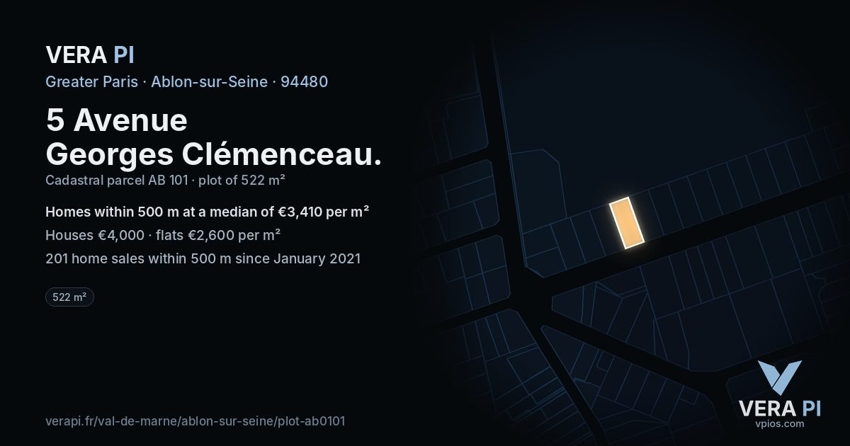 5 Avenue Georges Clémenceau, Ablon-sur-Seine at night – the plot lit, the parcels around coloured by the prices near them