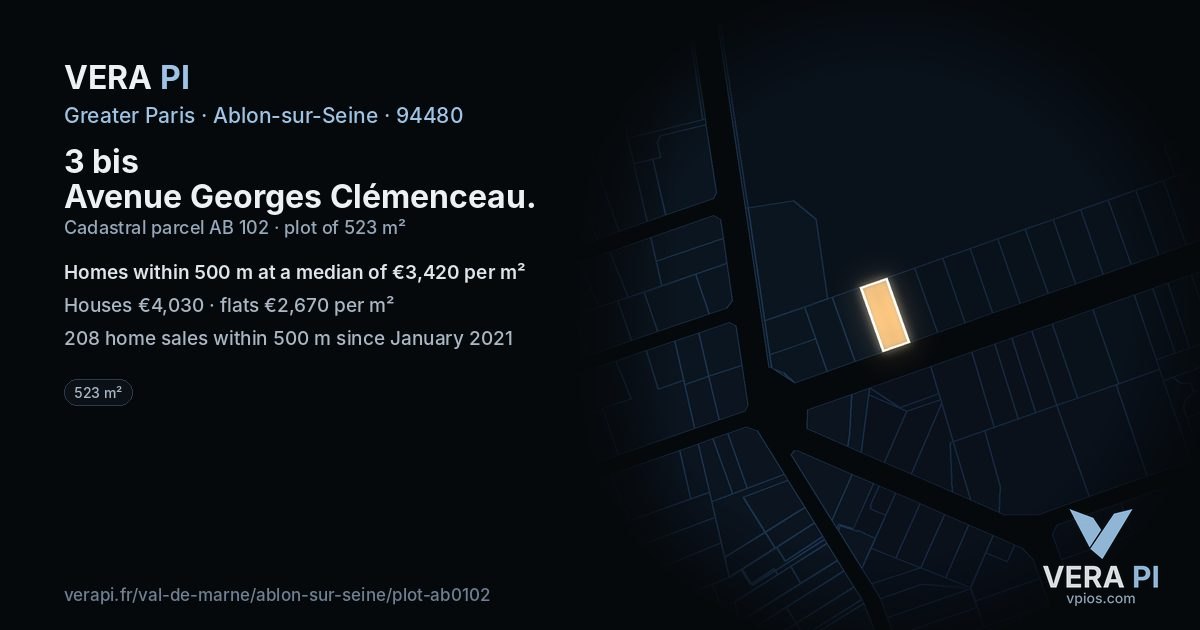 3 bis Avenue Georges Clémenceau, Ablon-sur-Seine at night – the plot lit, the parcels around coloured by the prices near them