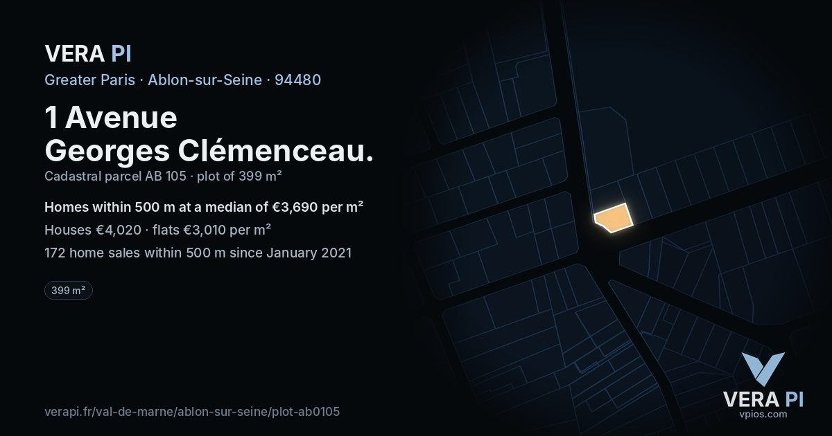 1 Avenue Georges Clémenceau, Ablon-sur-Seine at night – the plot lit, the parcels around coloured by the prices near them