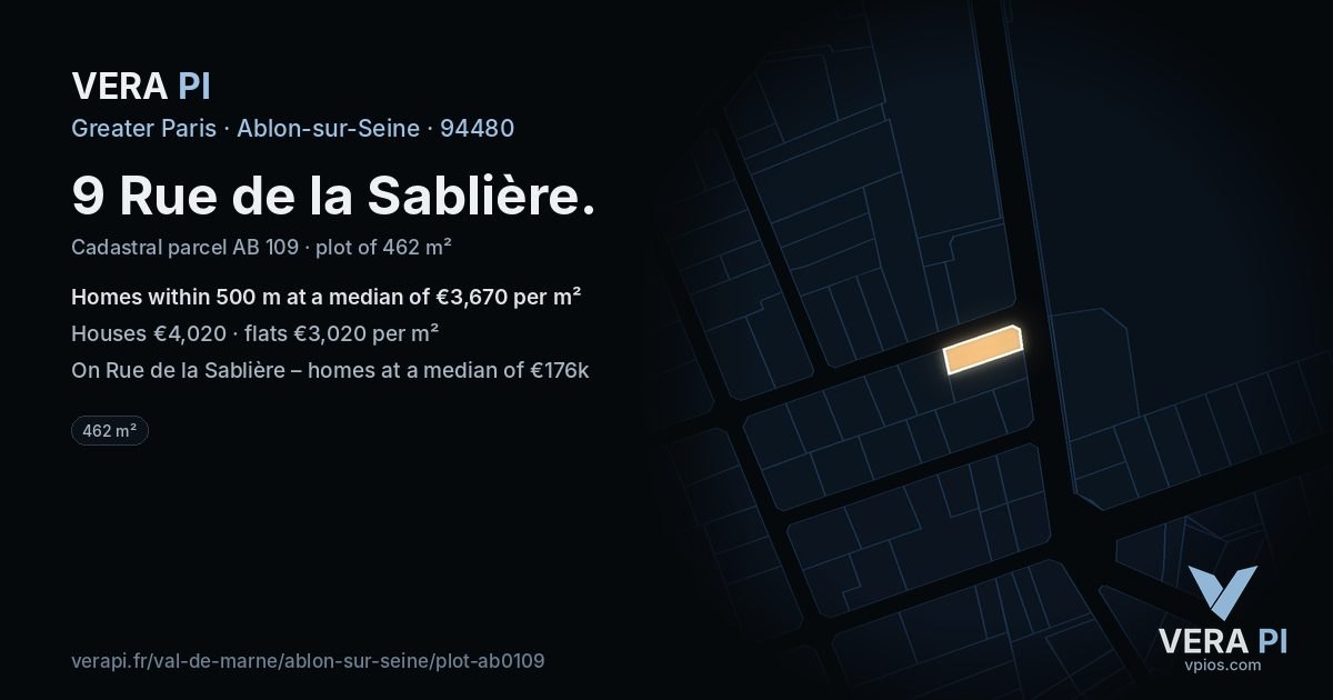 9 Rue de la Sablière, Ablon-sur-Seine at night – the plot lit, the parcels around coloured by the prices near them