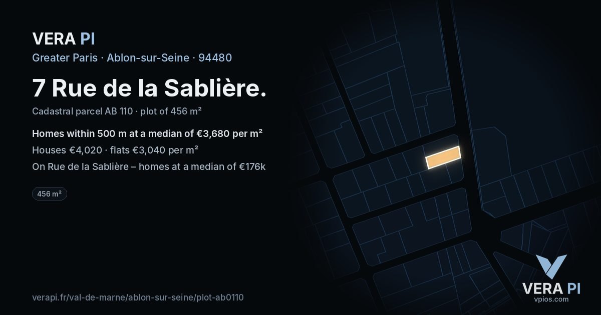 7 Rue de la Sablière, Ablon-sur-Seine at night – the plot lit, the parcels around coloured by the prices near them
