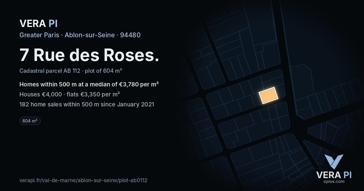 7 Rue des Roses, Ablon-sur-Seine at night – the plot lit, the parcels around coloured by the prices near them