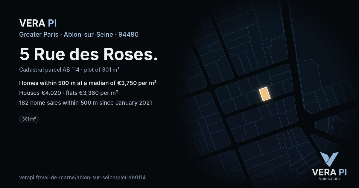 5 Rue des Roses, Ablon-sur-Seine at night – the plot lit, the parcels around coloured by the prices near them