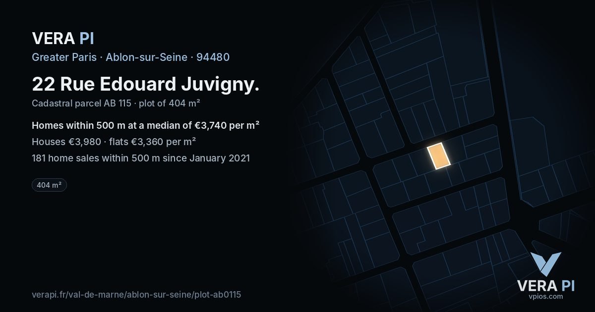 22 Rue Edouard Juvigny, Ablon-sur-Seine at night – the plot lit, the parcels around coloured by the prices near them