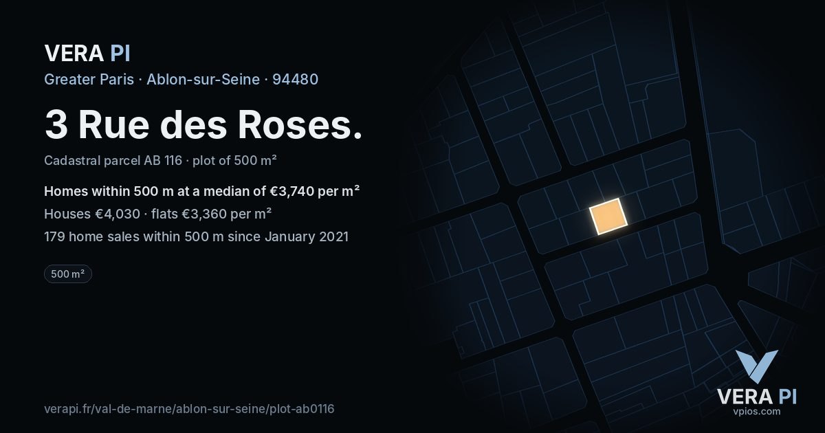 3 Rue des Roses, Ablon-sur-Seine at night – the plot lit, the parcels around coloured by the prices near them