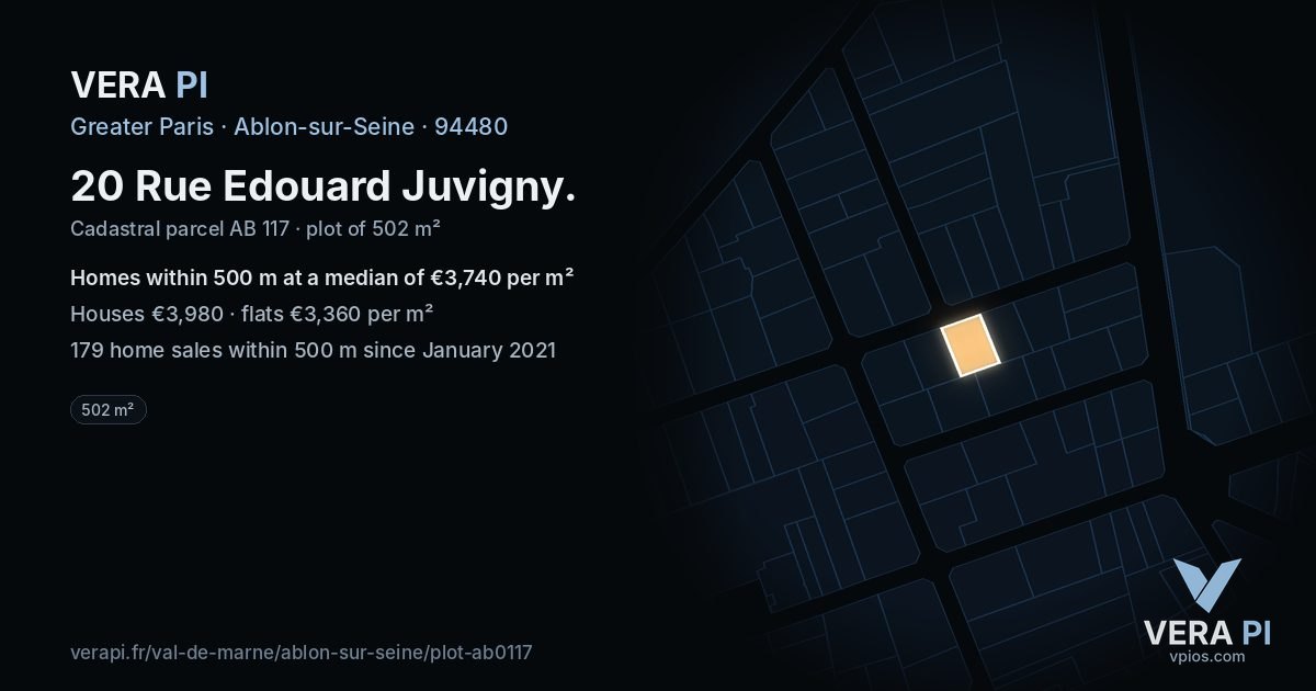 20 Rue Edouard Juvigny, Ablon-sur-Seine at night – the plot lit, the parcels around coloured by the prices near them
