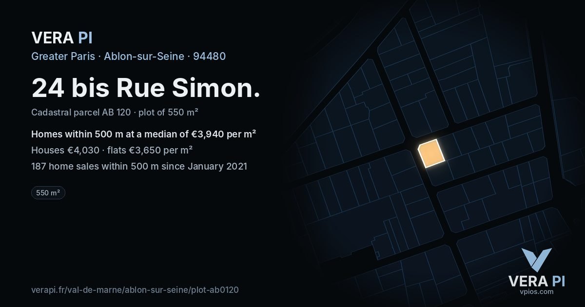 24 bis Rue Simon, Ablon-sur-Seine at night – the plot lit, the parcels around coloured by the prices near them