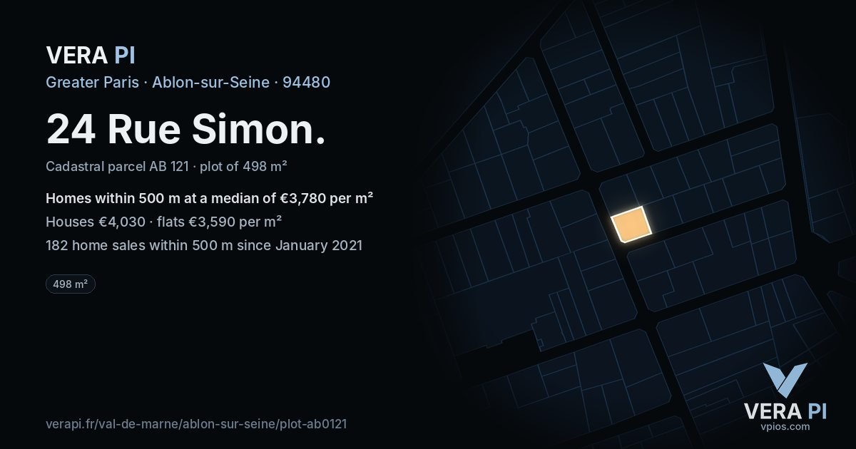 24 Rue Simon, Ablon-sur-Seine at night – the plot lit, the parcels around coloured by the prices near them