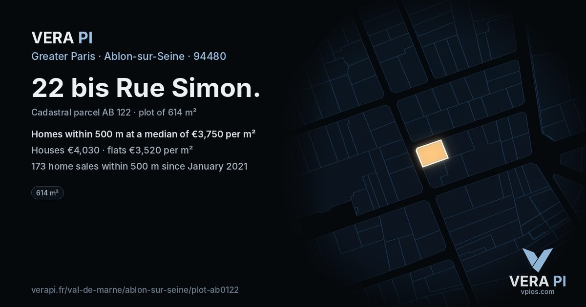 22 bis Rue Simon, Ablon-sur-Seine at night – the plot lit, the parcels around coloured by the prices near them