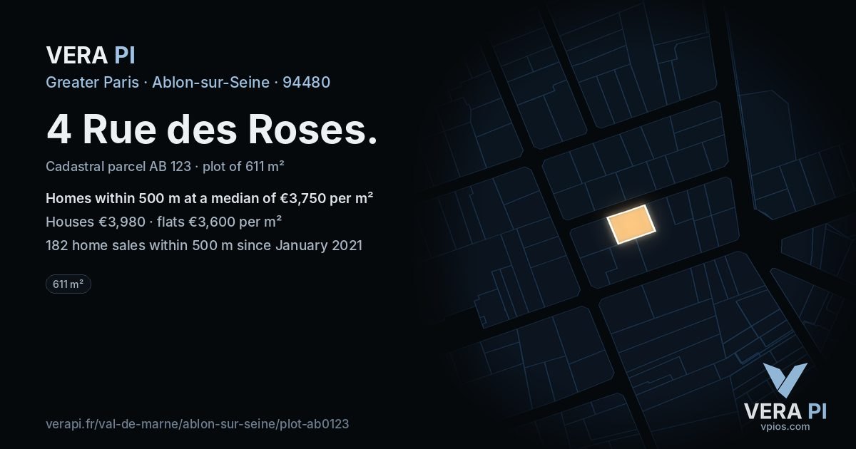 4 Rue des Roses, Ablon-sur-Seine at night – the plot lit, the parcels around coloured by the prices near them