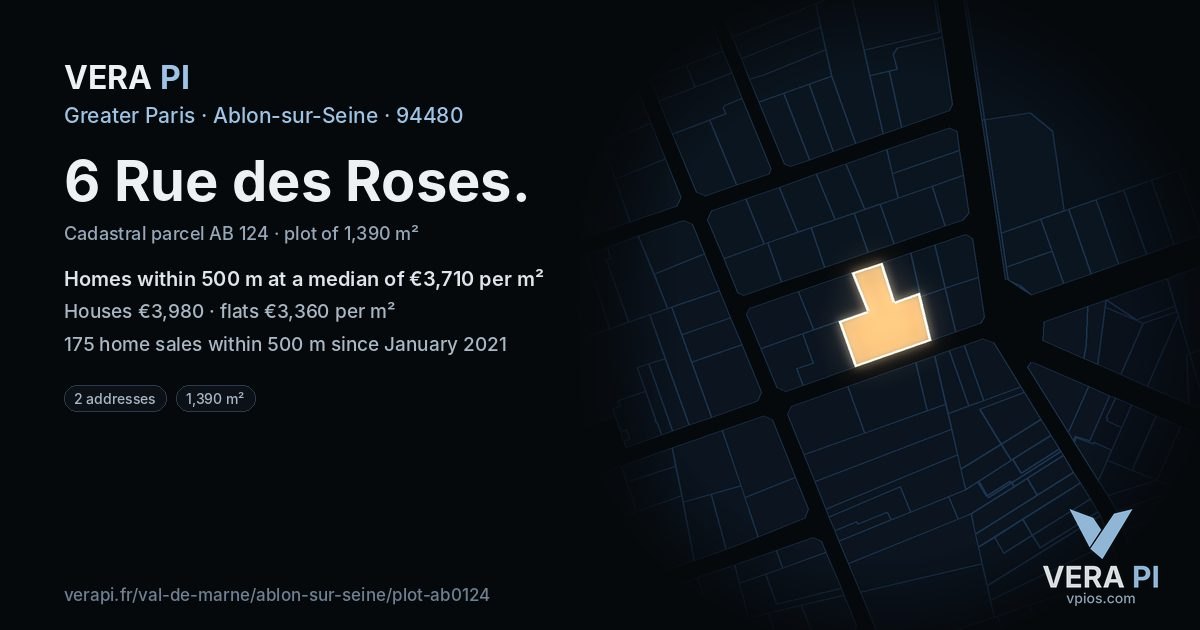 6 Rue des Roses, Ablon-sur-Seine at night – the plot lit, the parcels around coloured by the prices near them