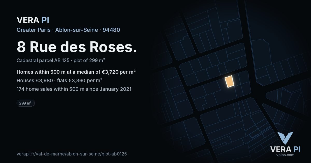 8 Rue des Roses, Ablon-sur-Seine at night – the plot lit, the parcels around coloured by the prices near them