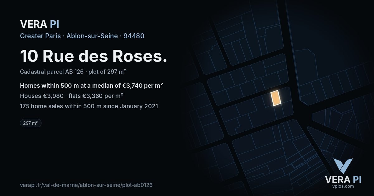 10 Rue des Roses, Ablon-sur-Seine at night – the plot lit, the parcels around coloured by the prices near them