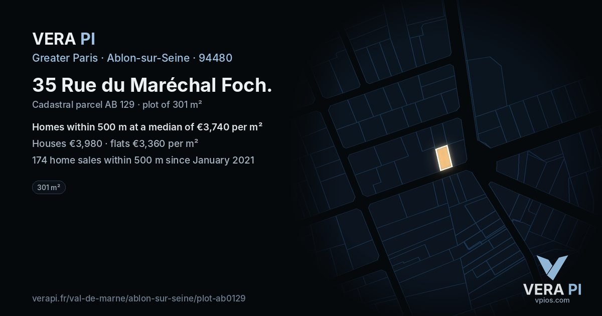 35 Rue du Maréchal Foch, Ablon-sur-Seine at night – the plot lit, the parcels around coloured by the prices near them