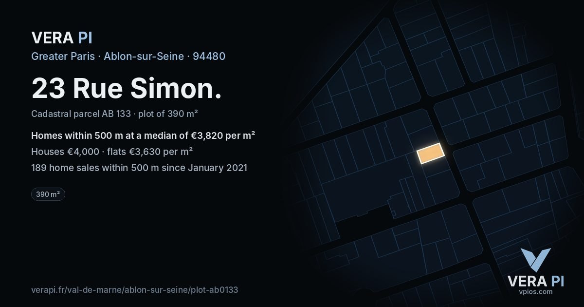 23 Rue Simon, Ablon-sur-Seine at night – the plot lit, the parcels around coloured by the prices near them