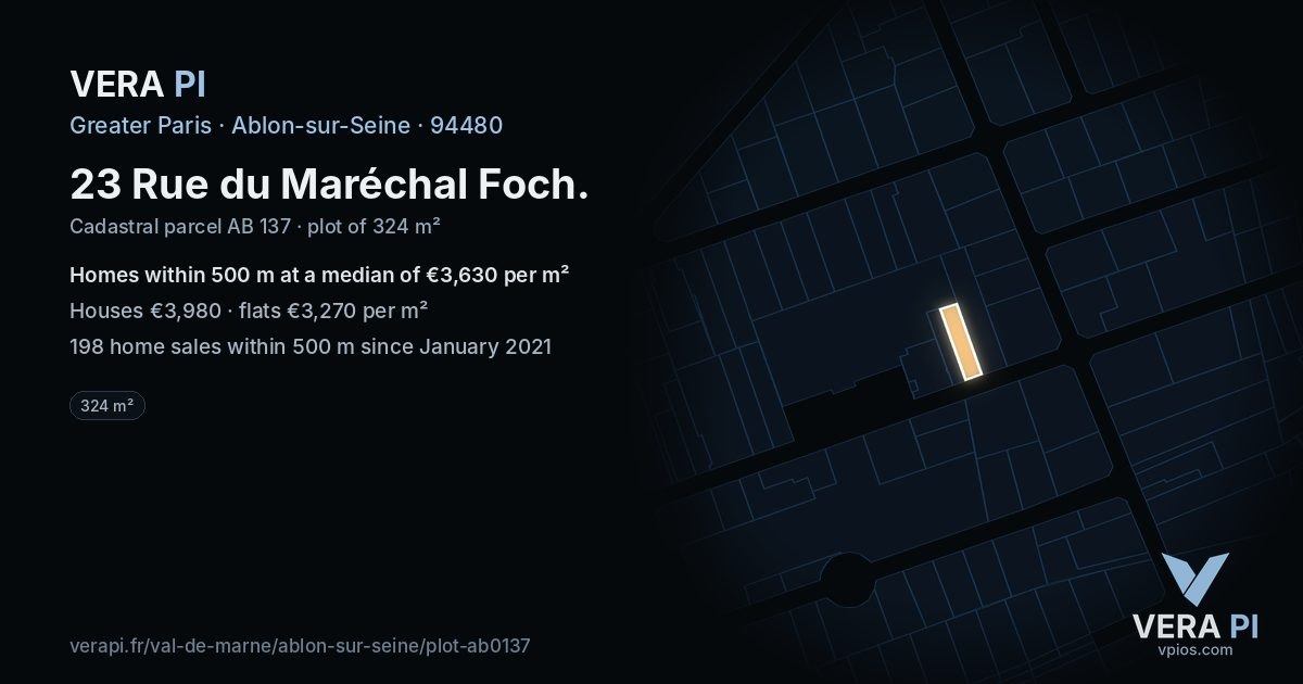23 Rue du Maréchal Foch, Ablon-sur-Seine at night – the plot lit, the parcels around coloured by the prices near them