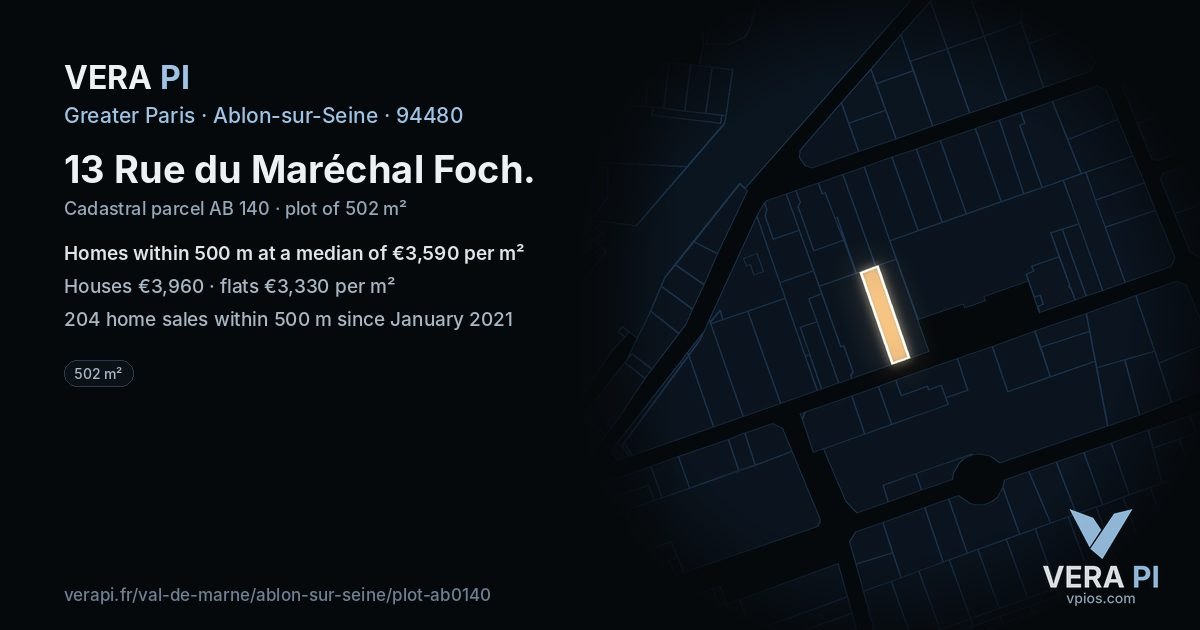 13 Rue du Maréchal Foch, Ablon-sur-Seine at night – the plot lit, the parcels around coloured by the prices near them