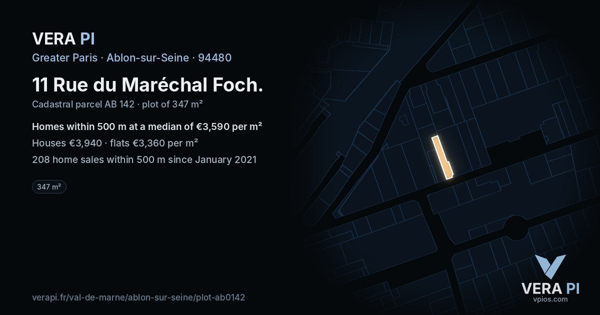 11 Rue du Maréchal Foch, Ablon-sur-Seine at night – the plot lit, the parcels around coloured by the prices near them
