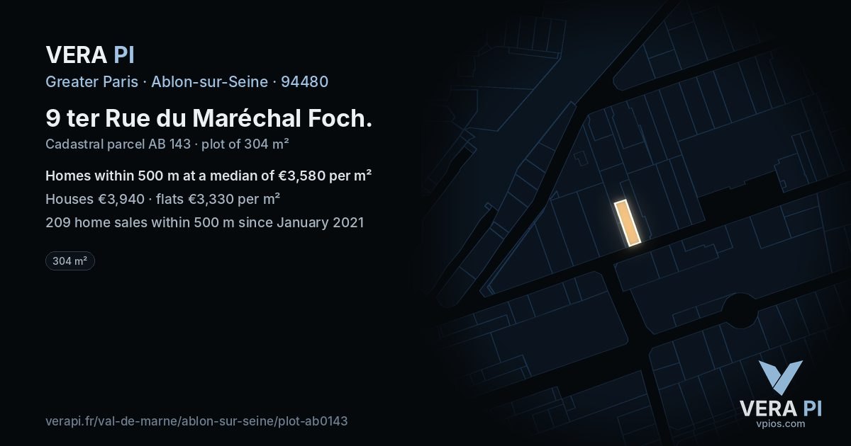 9 ter Rue du Maréchal Foch, Ablon-sur-Seine at night – the plot lit, the parcels around coloured by the prices near them