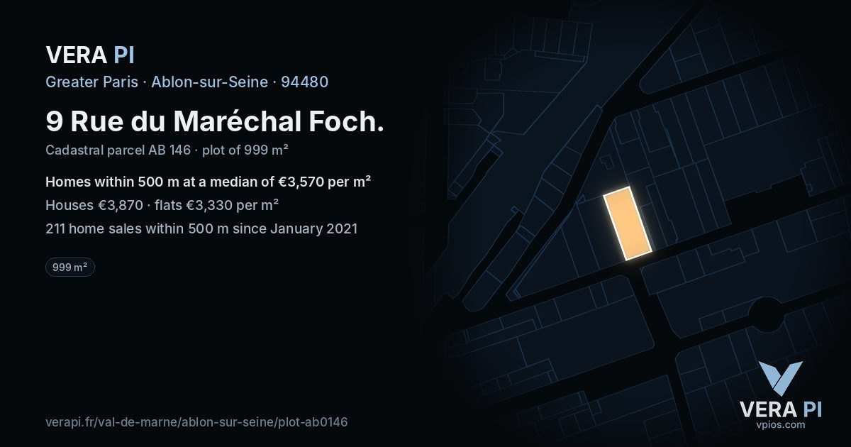 9 Rue du Maréchal Foch, Ablon-sur-Seine at night – the plot lit, the parcels around coloured by the prices near them