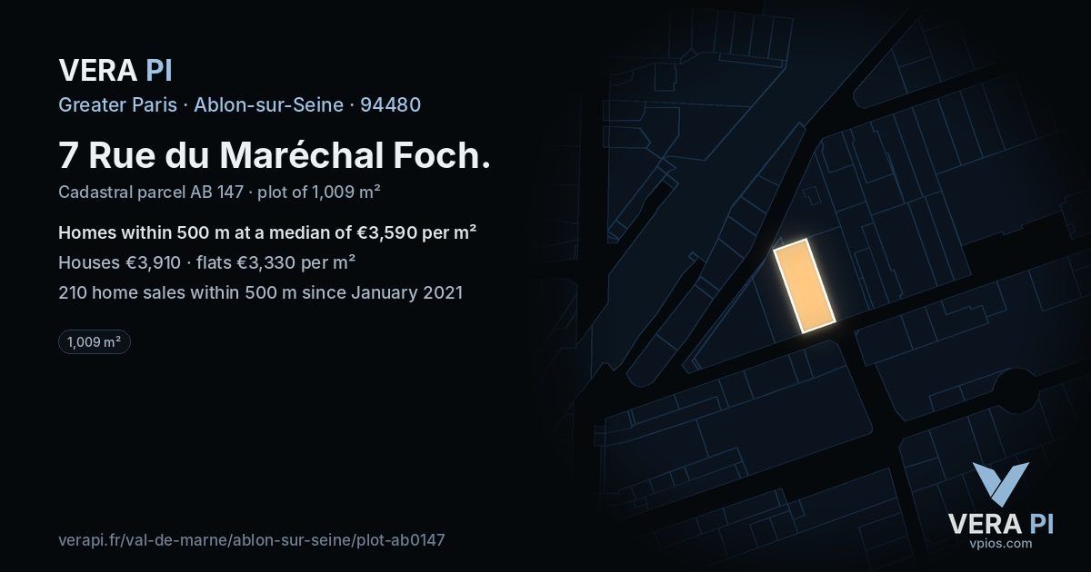 7 Rue du Maréchal Foch, Ablon-sur-Seine at night – the plot lit, the parcels around coloured by the prices near them