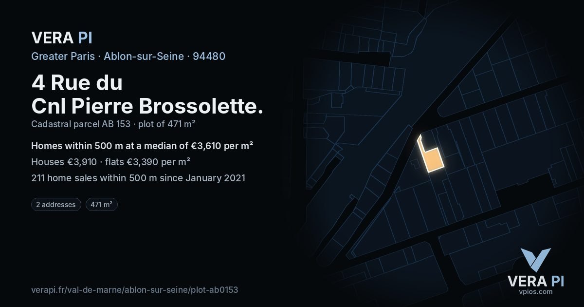 4 Rue du Cnl Pierre Brossolette, Ablon-sur-Seine at night – the plot lit, the parcels around coloured by the prices near them