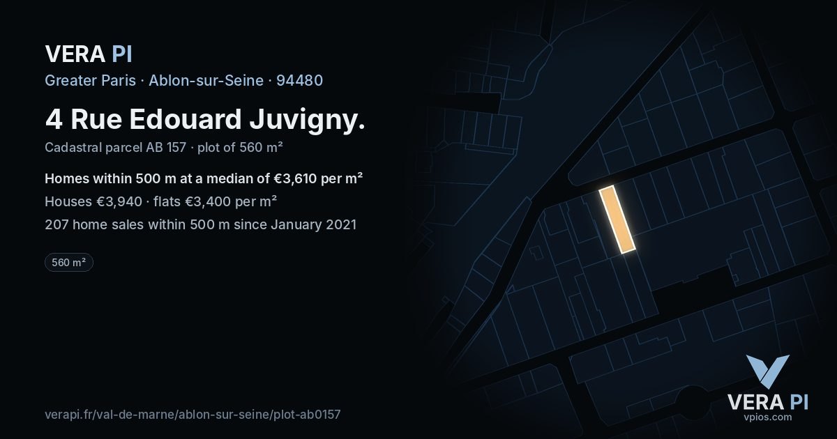 4 Rue Edouard Juvigny, Ablon-sur-Seine at night – the plot lit, the parcels around coloured by the prices near them