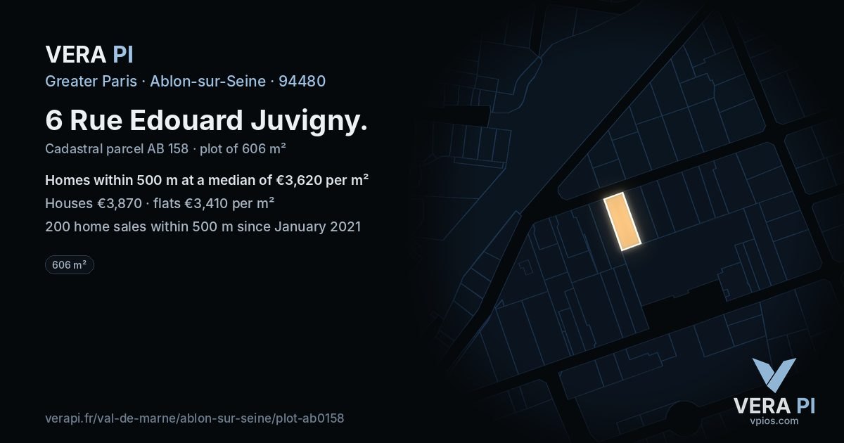 6 Rue Edouard Juvigny, Ablon-sur-Seine at night – the plot lit, the parcels around coloured by the prices near them