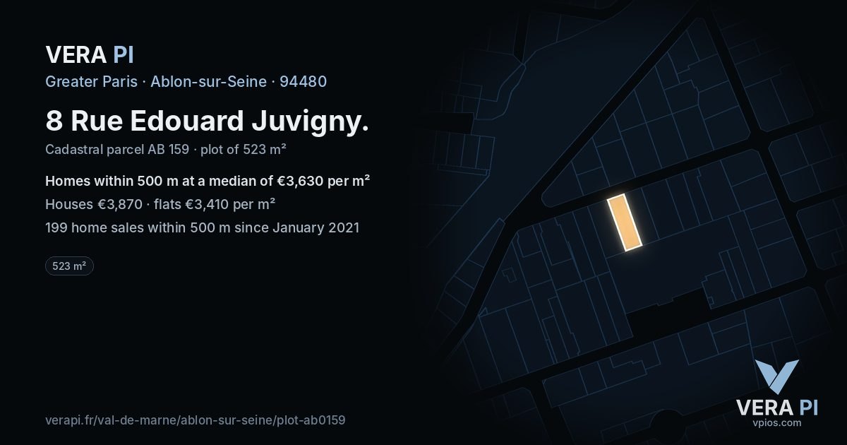 8 Rue Edouard Juvigny, Ablon-sur-Seine at night – the plot lit, the parcels around coloured by the prices near them