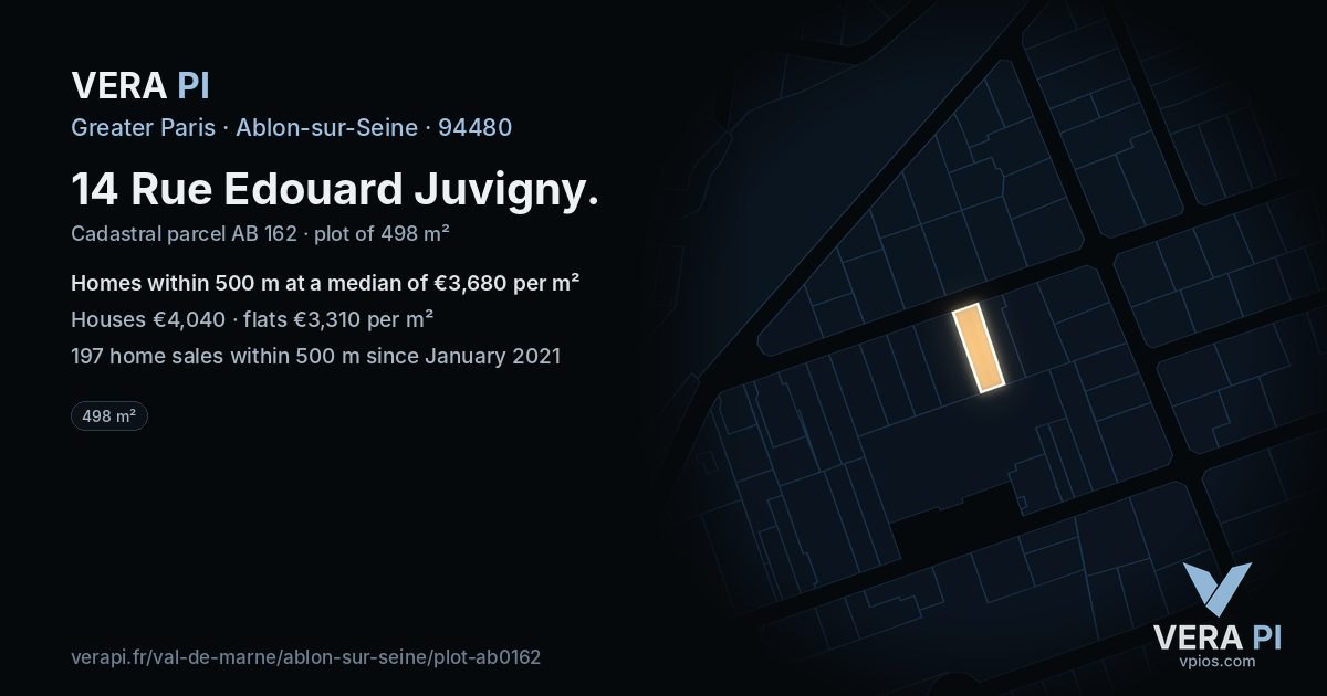 14 Rue Edouard Juvigny, Ablon-sur-Seine at night – the plot lit, the parcels around coloured by the prices near them