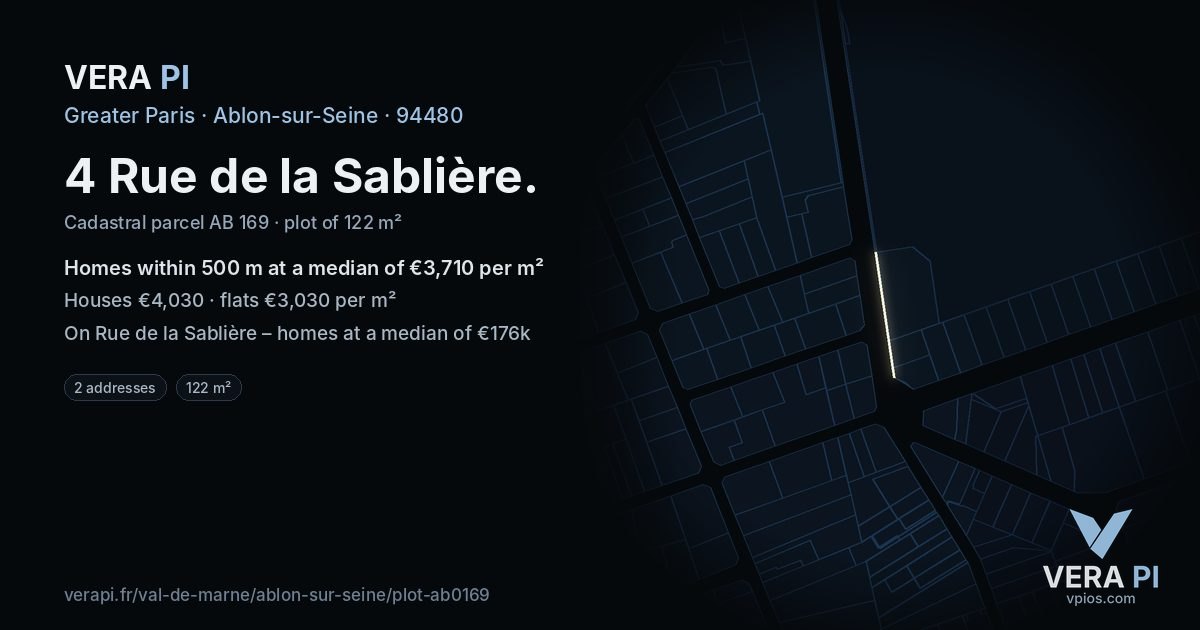 4 Rue de la Sablière, Ablon-sur-Seine at night – the plot lit, the parcels around coloured by the prices near them