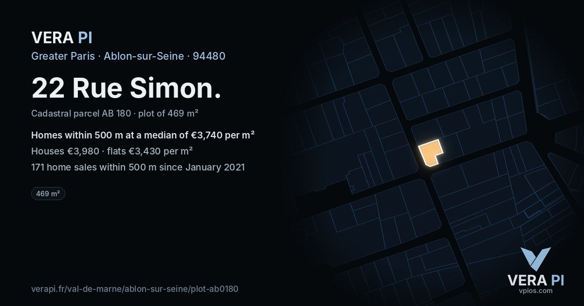 22 Rue Simon, Ablon-sur-Seine at night – the plot lit, the parcels around coloured by the prices near them
