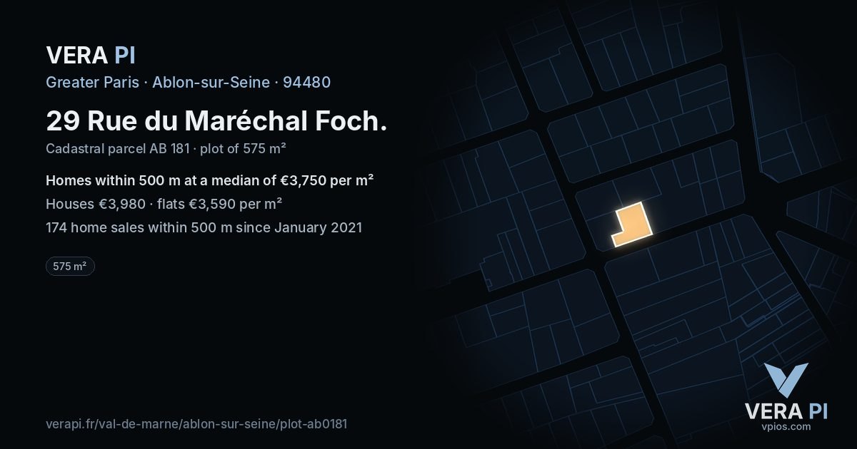 29 Rue du Maréchal Foch, Ablon-sur-Seine at night – the plot lit, the parcels around coloured by the prices near them