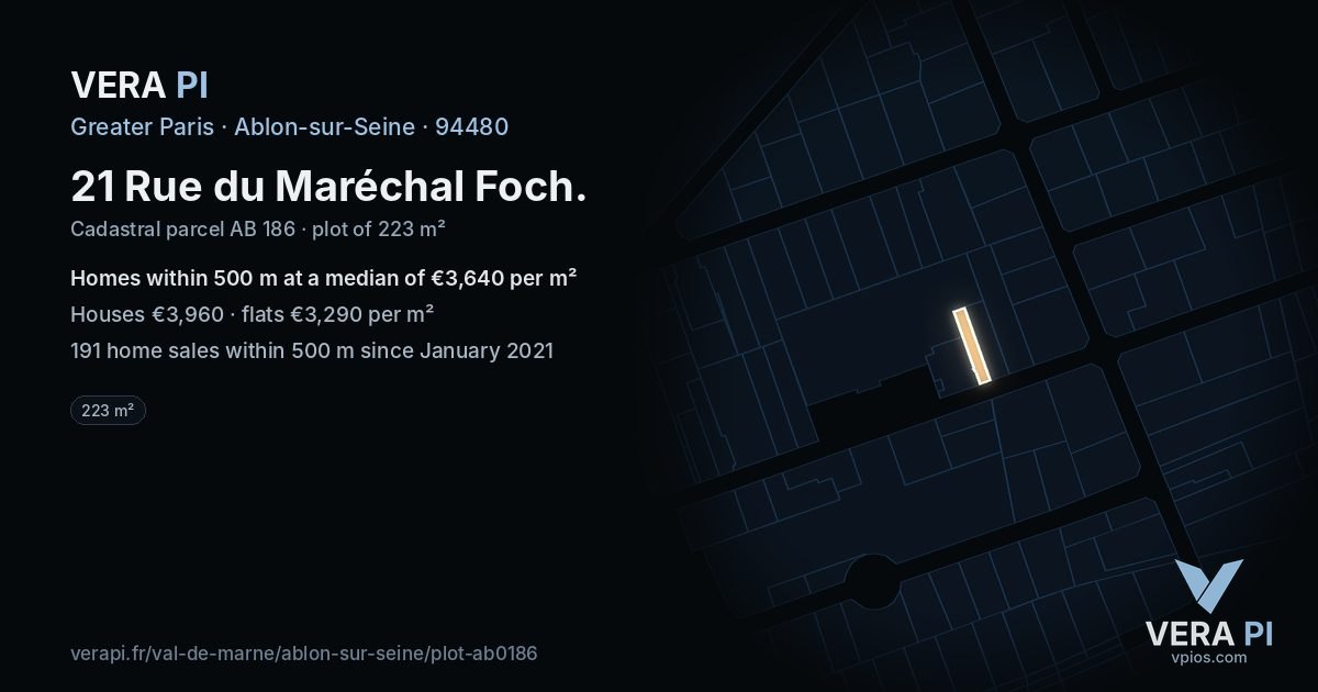 21 Rue du Maréchal Foch, Ablon-sur-Seine at night – the plot lit, the parcels around coloured by the prices near them