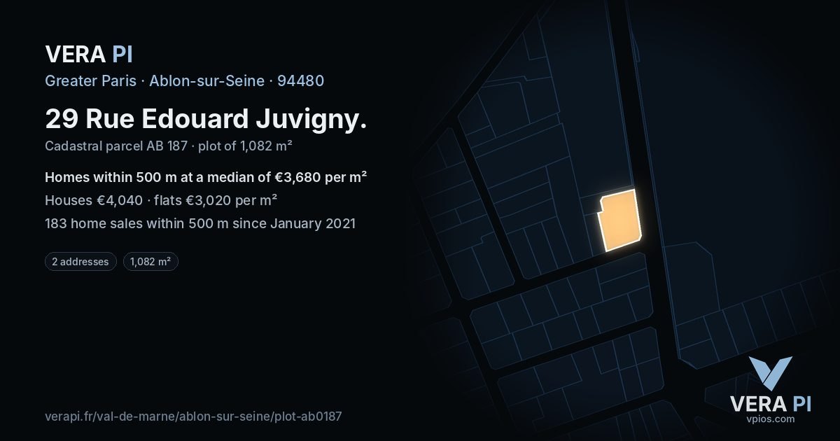 29 Rue Edouard Juvigny, Ablon-sur-Seine at night – the plot lit, the parcels around coloured by the prices near them