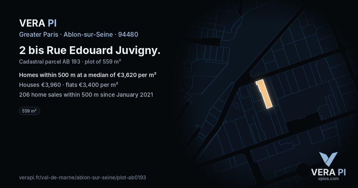 2 bis Rue Edouard Juvigny, Ablon-sur-Seine at night – the plot lit, the parcels around coloured by the prices near them