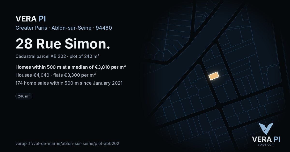28 Rue Simon, Ablon-sur-Seine at night – the plot lit, the parcels around coloured by the prices near them