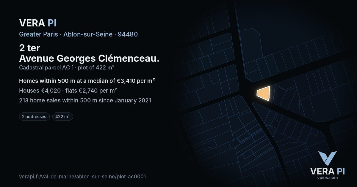 2 ter Avenue Georges Clémenceau, Ablon-sur-Seine at night – the plot lit, the parcels around coloured by the prices near them