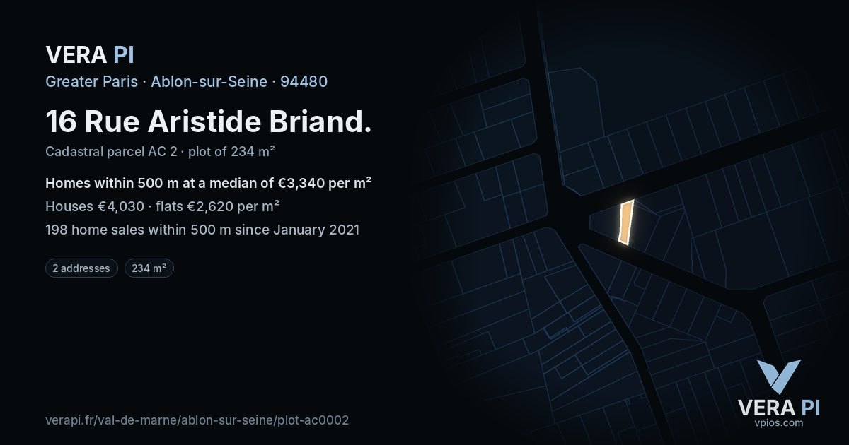 16 Rue Aristide Briand, Ablon-sur-Seine at night – the plot lit, the parcels around coloured by the prices near them