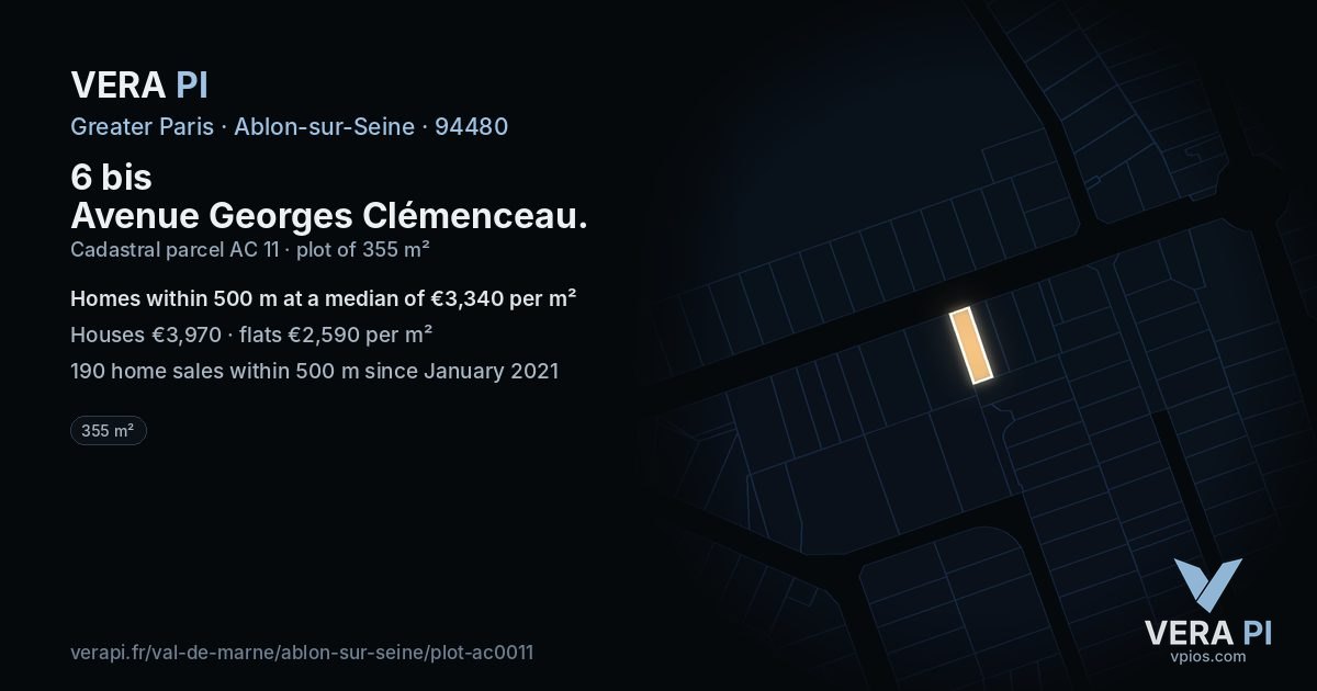 6 bis Avenue Georges Clémenceau, Ablon-sur-Seine at night – the plot lit, the parcels around coloured by the prices near them