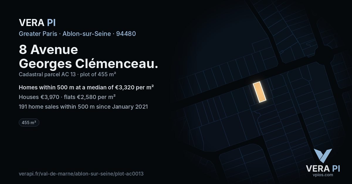 8 Avenue Georges Clémenceau, Ablon-sur-Seine at night – the plot lit, the parcels around coloured by the prices near them