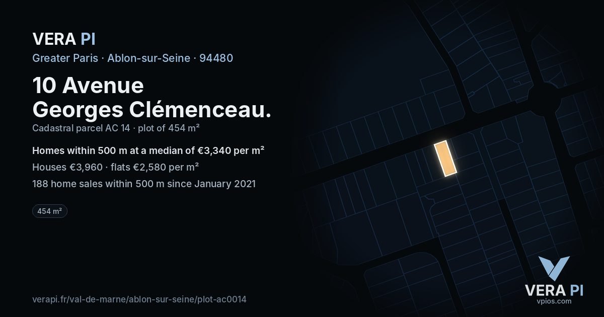 10 Avenue Georges Clémenceau, Ablon-sur-Seine at night – the plot lit, the parcels around coloured by the prices near them