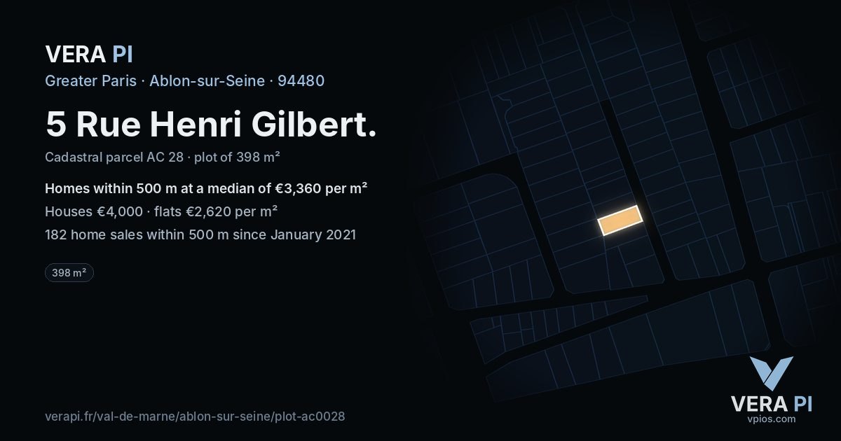5 Rue Henri Gilbert, Ablon-sur-Seine at night – the plot lit, the parcels around coloured by the prices near them