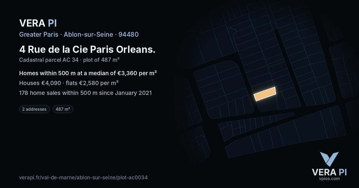 4 Rue de la Cie Paris Orleans, Ablon-sur-Seine at night – the plot lit, the parcels around coloured by the prices near them