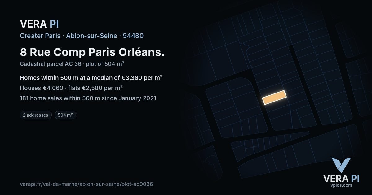 8 Rue Comp Paris Orléans, Ablon-sur-Seine at night – the plot lit, the parcels around coloured by the prices near them