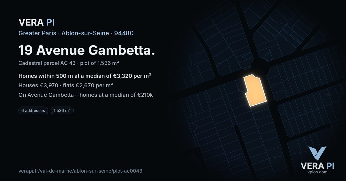 19 Avenue Gambetta, Ablon-sur-Seine at night – the plot lit, the parcels around coloured by the prices near them